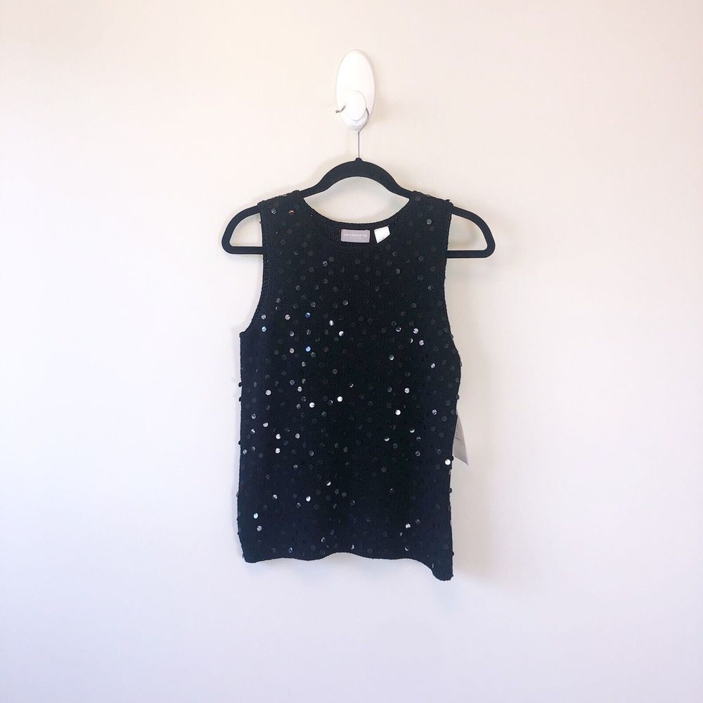 Liz Claiborne Sequin Sweater Vest Sleeveless Black Silk Blend Top Small NWT's